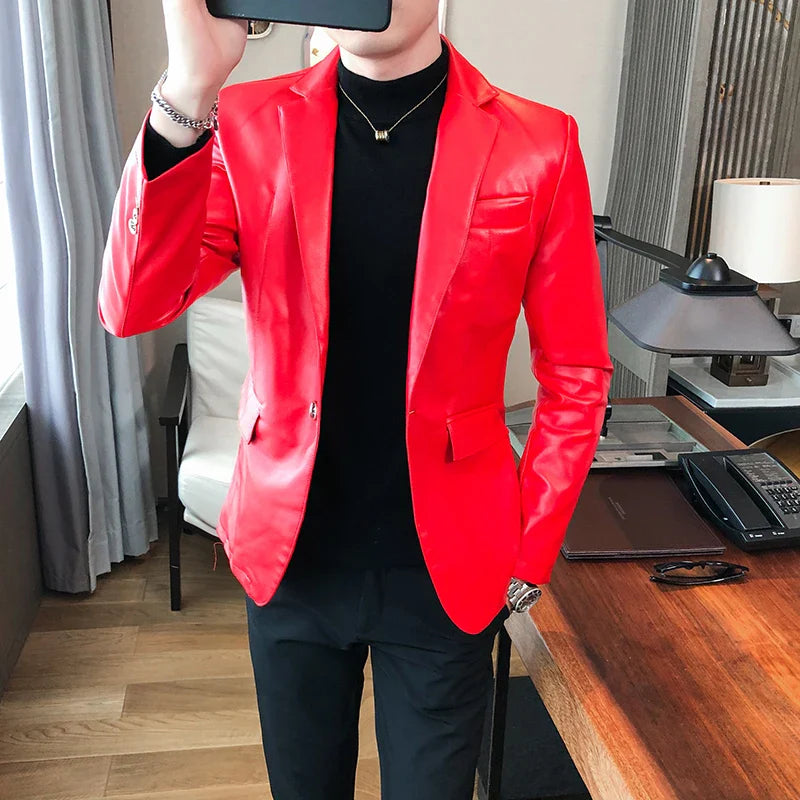 saferido Blazer Hombre PU Leather Jackets Men Fashion Solid Slim Fit One Button Business Casual Blazers For Men Korean style Suit Jacket