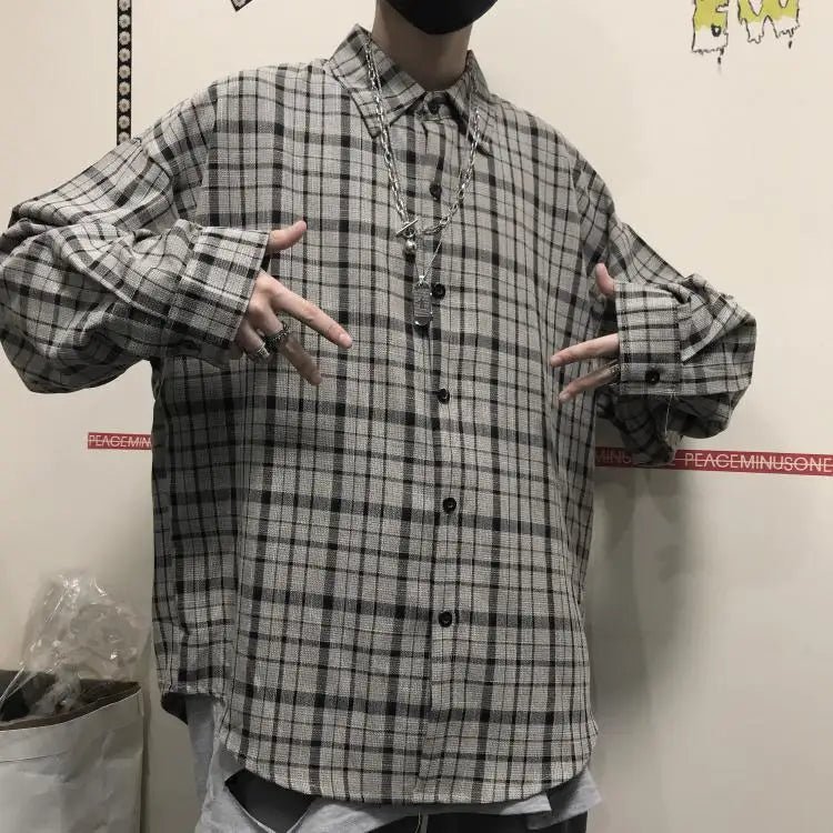 saferido HIP HOP Korean ins versatile Plaid loose oversize long sleeve shirt for men and camisa masculina gray shirts