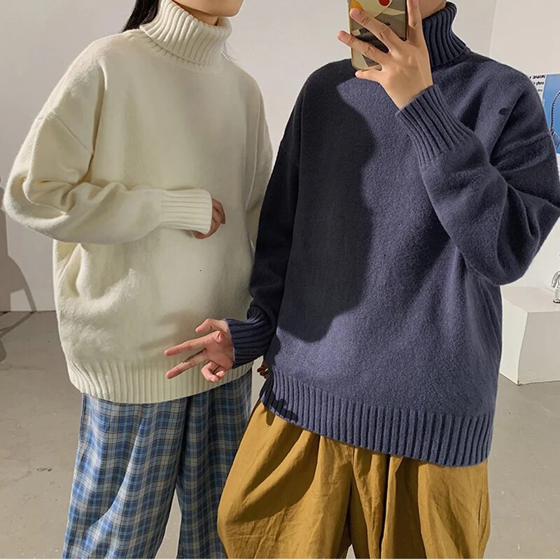 Winter Warm Men's Turtleneck Sweaters Solid Korean Man Casual Knitter Pullovers  Harajuku Male Fleece Sweaters