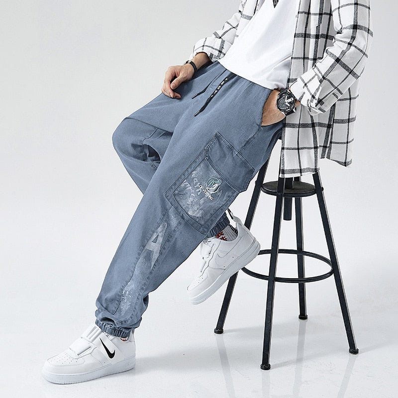 Plus Size Jeans Men Loose Joggers Streetwear Harem Jeans Cargo Pants Ankle-Length Denim Trousers