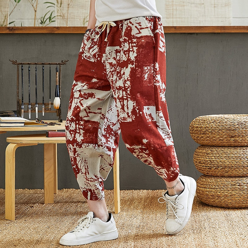 Baggy Cotton Harem Pants Men Summer Japanese Men Women Hip Hop Plus Size Wide Leg Pants Bloomers Calf-Length Pants Joggers