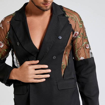 Men Blazer Mesh Patchwork Embroidery Long Sleeve Double Breasted Fashion Casual Suits Men Streetwear Party Jackets