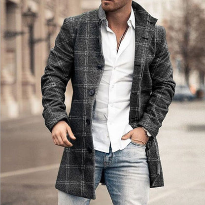 Man Single Breasted Jacket Plaid Button Long Slim Coat Long Sleeve  Autumn Winter Warm Casual Harajuku Street Outwear Retro