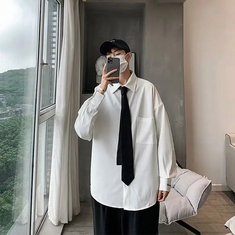 saferido hite shirt men's long sleeve Korean style trendy letter embroidery student handsome leisure with black shirt DK