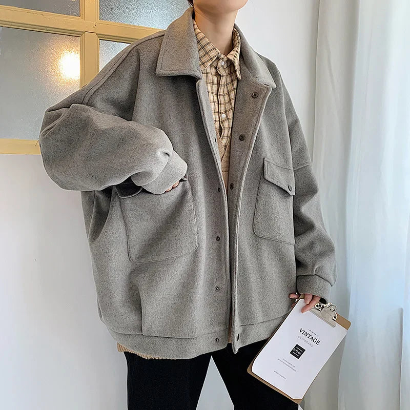 saferido Winter Thickened Short Woolen Coat Men Warm Fashion Oversized Woolen Coat Men  Korean Loose Woolen Jacket Mens Overcoat M-3XL