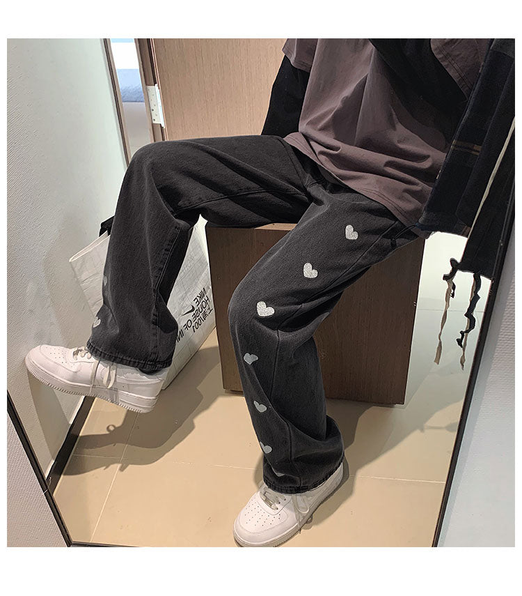 Men's Baggy Homme Straight Pants love Printing Jeans Fashion Blue/black Casual Pants Biker Denim Loose Trousers M-2XL