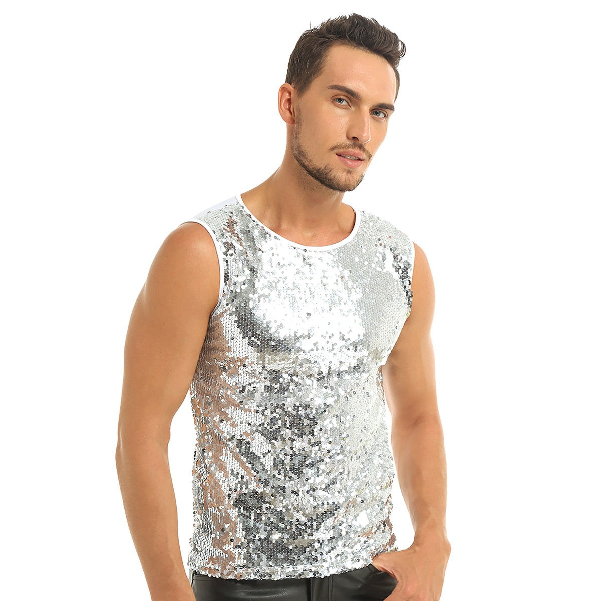 Mens Tank Tops Summer Sleeveless Crew Neck Sequin Slim Fitted Vest Tank Top Tee T-shirts Festival Rave Party Clubwear