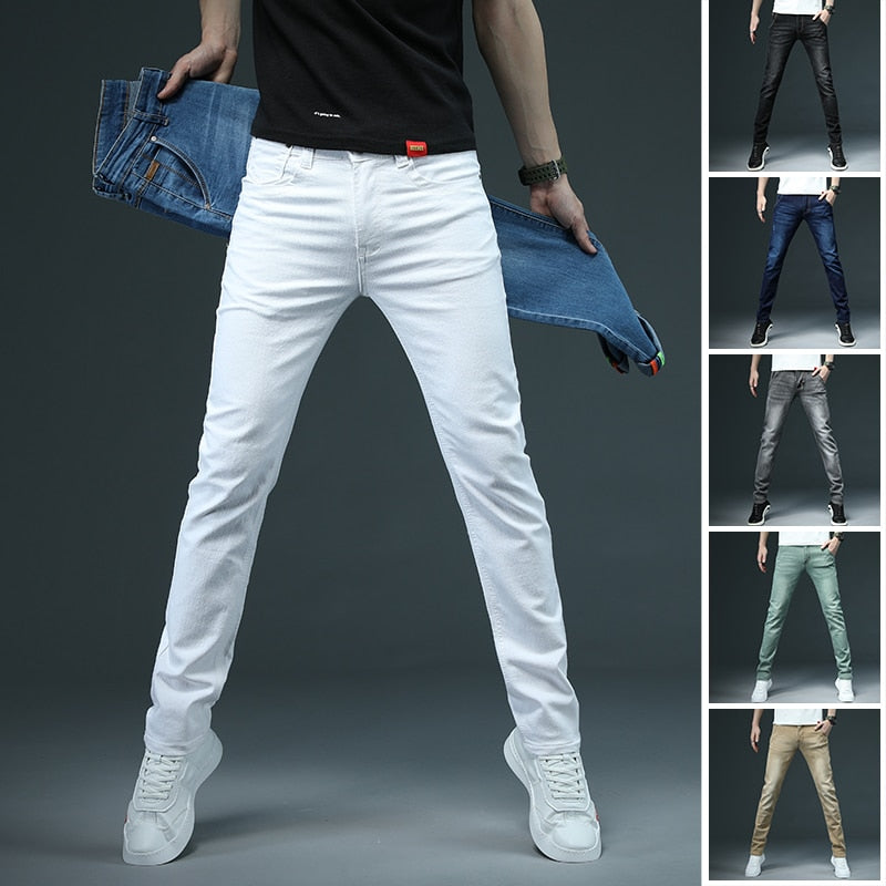 Men's Skinny White Jeans Fashion Casual Elastic Cotton Slim Denim Pants Male Brand Clothing Black Gray Khaki