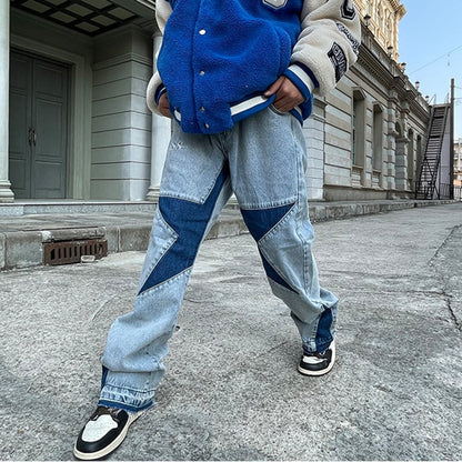 Harajuku Stars Letter Embroidery Patchwork Straight Flare Jeans Pants Mens Retro Ripped Oversized Casual Denim Trousers