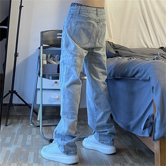 Men's Jean Pants National Tide Retro Straight Wide-Leg Blue Jeans Loose Casual Couple High Street Denim Pants Male