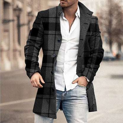 Man Single Breasted Jacket Plaid Button Long Slim Coat Long Sleeve  Autumn Winter Warm Casual Harajuku Street Outwear Retro