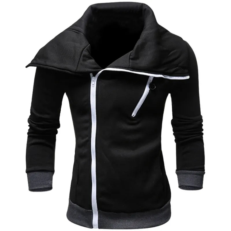 Men's Fashion Diagonal Zipper Pullover Hooded Color Matching Sweater Casual Jacket