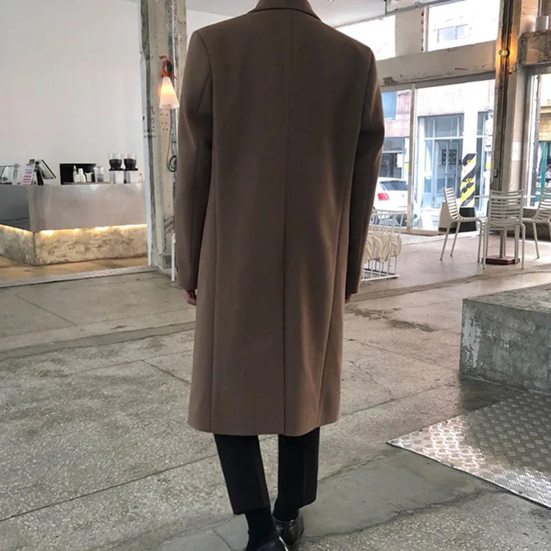 Men's Autumn Winter Mid Length Woolen Coat New Korean Tide Black Thickned Overcoat Long Sleeve Double-breasted Jackets