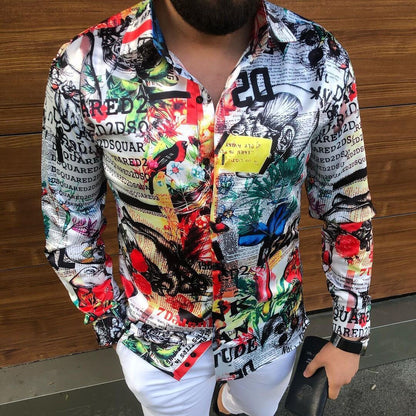 New Punk Style Men's Shirts Autumn Fashion Digital printing Shirts Male Slim Fit Long Sleeve Lapel Casual Party Shirt Tops