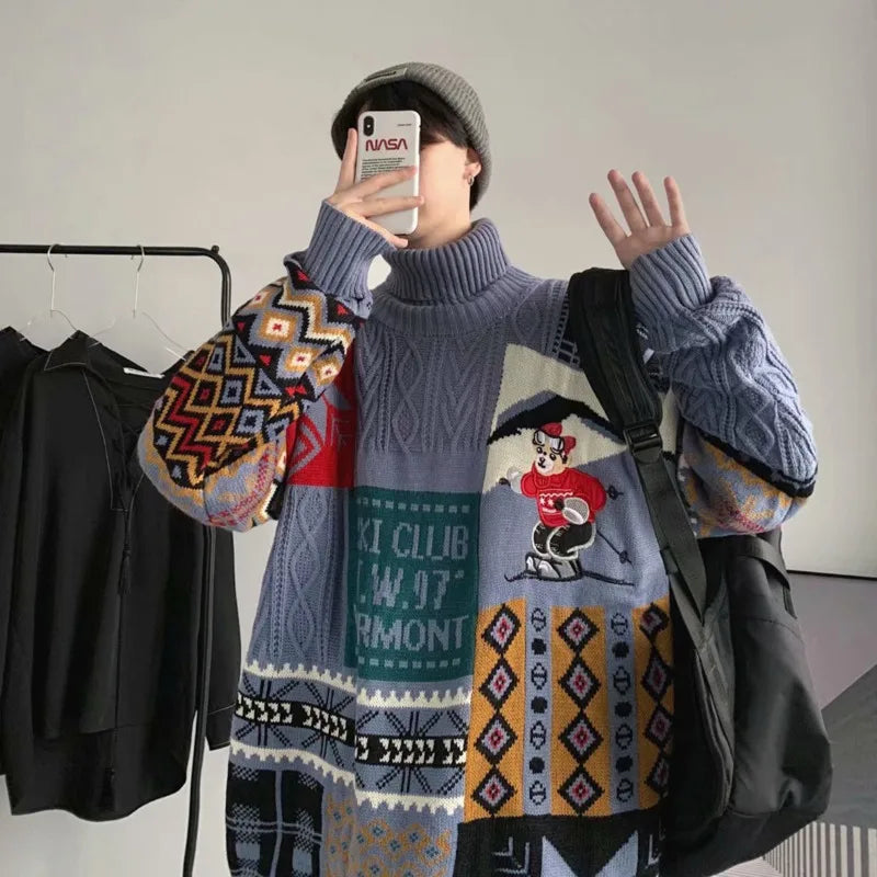 Winter Men Turtleneck Sweaters Christmas Ski Bear Knitted Pullovers Casual Sweaters Male Knitwear Hip Hop Pullovers