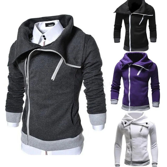 Men's Fashion Diagonal Zipper Pullover Hooded Color Matching Sweater Casual Jacket