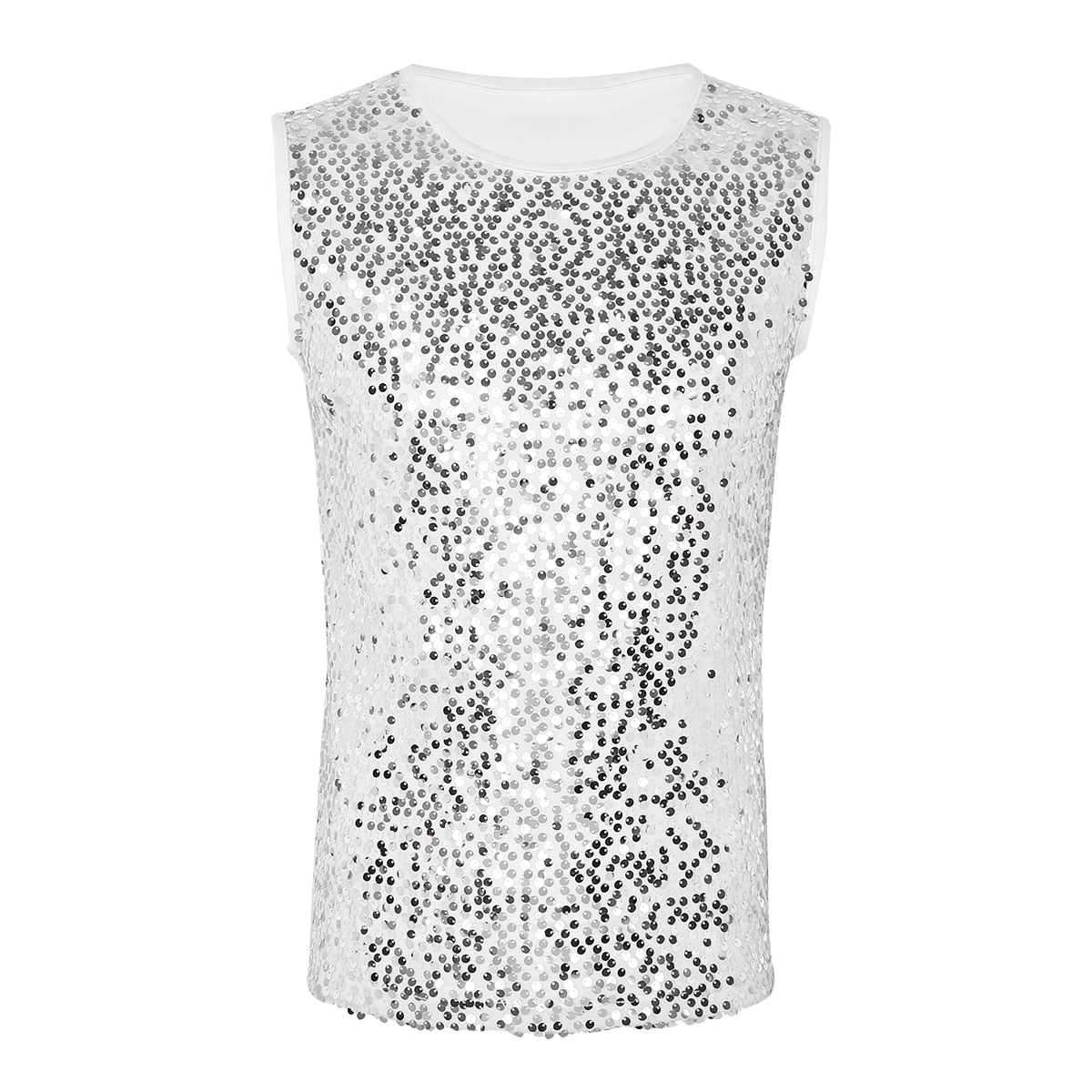 Mens Tank Tops Summer Sleeveless Crew Neck Sequin Slim Fitted Vest Tank Top Tee T-shirts Festival Rave Party Clubwear