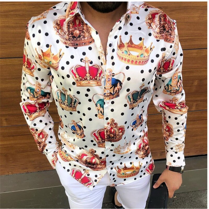 New Punk Style Men's Shirts Autumn Fashion Digital printing Shirts Male Slim Fit Long Sleeve Lapel Casual Party Shirt Tops