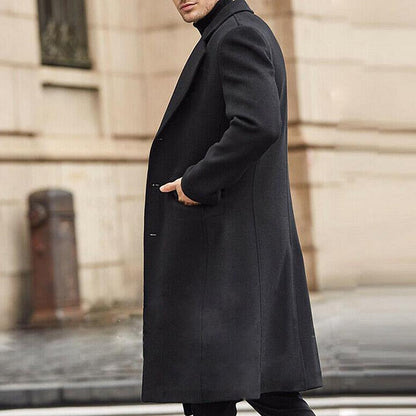 40%Winter Men's Coat Solid Color Long Sleeve Button Jacket Men's Coat Street Style Mid-Length Trench Coat