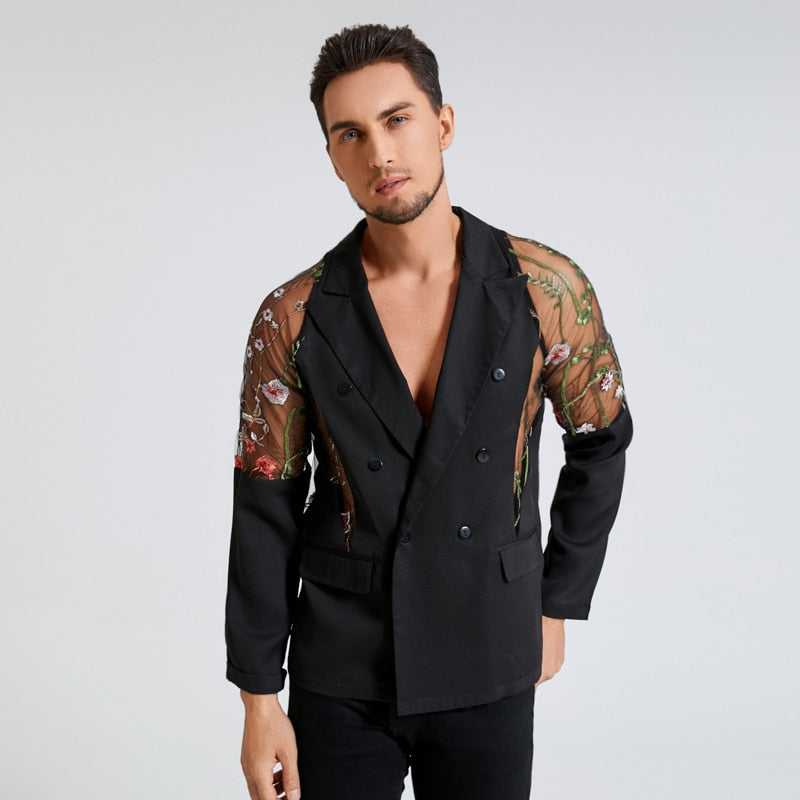 Men Blazer Mesh Patchwork Embroidery Long Sleeve Double Breasted Fashion Casual Suits Men Streetwear Party Jackets