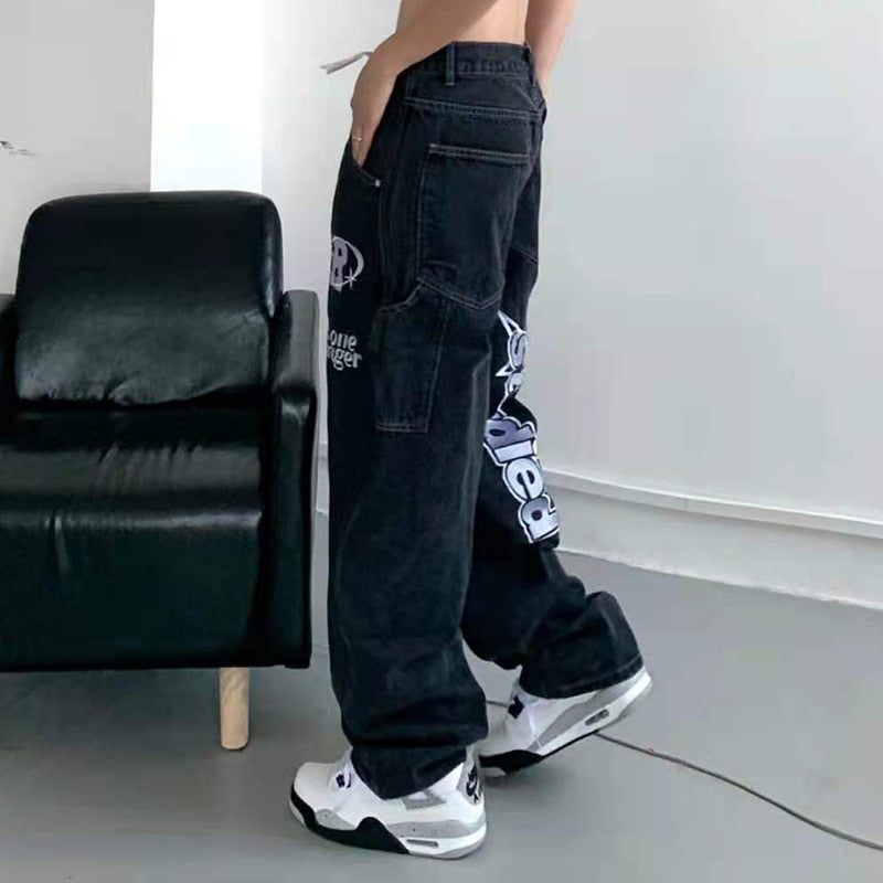 Retro Pockets Letter Embroidery Ripped Casual Jeans Men and Women Straight Harajuku Oversize Streetwear Denim Trousers