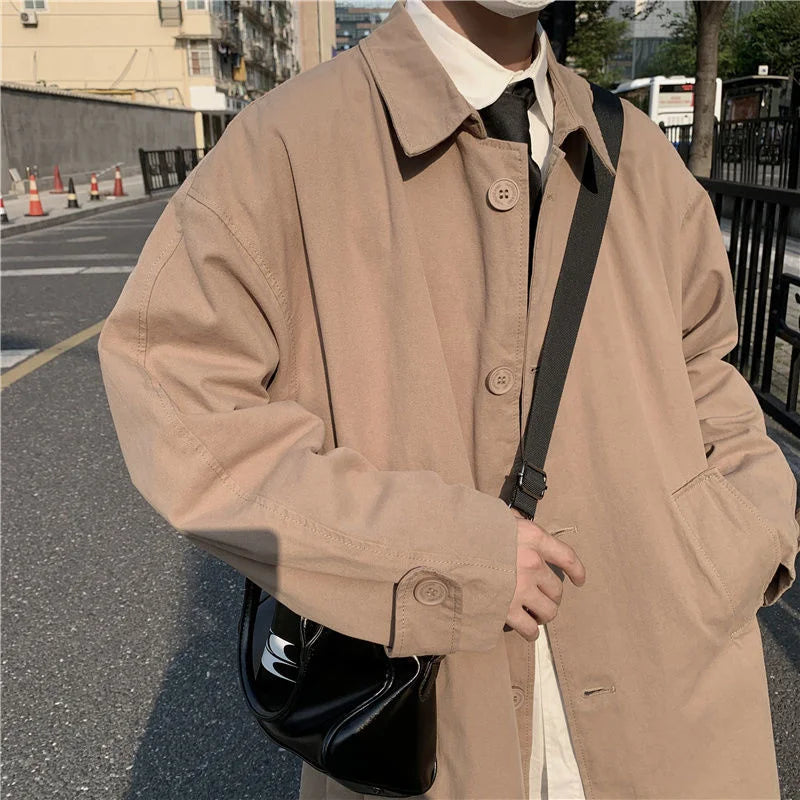 saferido Autumn Khaki/Black Trench Coat Men Fashion Casual Long Coat Men Korean Loose Oversized Windbreaker Jacket Mens Overcoat M-2XL