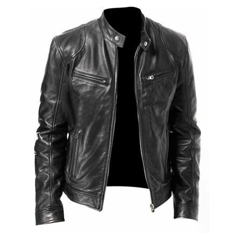 Mens Fashion Leather Jacket Slim Fit Stand Collar PU Jacket Male Anti-wind Motorcycle Lapel Diagonal Zipper Jackets Men