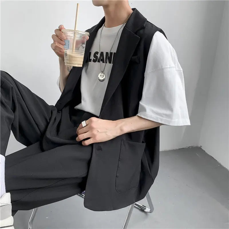 saferido Spring Suit Vest Men's Fashion Gray Black Dress Jacket Men Suit Jacket Korean Loose Business Society Mens Blazer Vest M-2XL