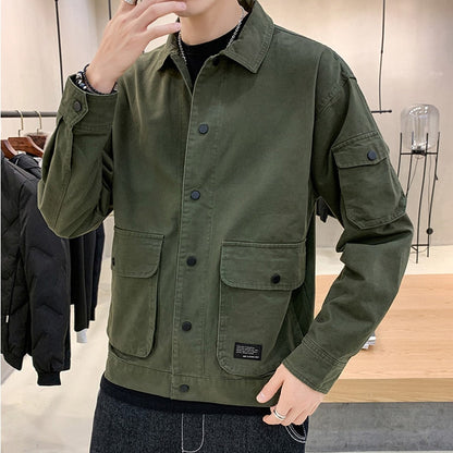 Large Size Jackets Men Basic Soft Letter Pockets Autumn Wind Breaker Turn-down Collar Teenagers S-4XL Cargo Outwear