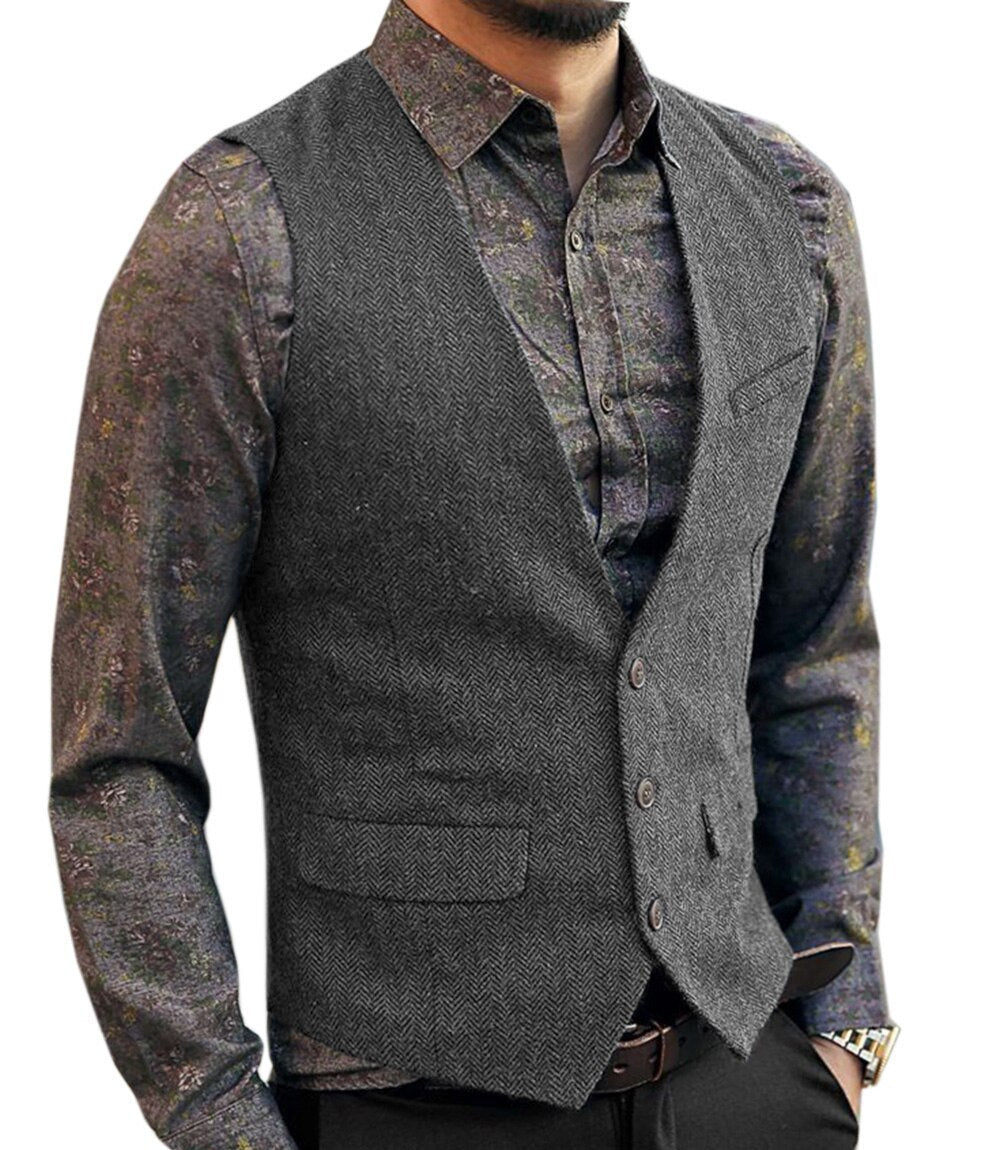 saferido       Men's Vest Suit Boutique Wool Tweed Slim Fit Leisure Cotton Male Gentleman Beckham Business Waistcoat For Wedding Groomsmen