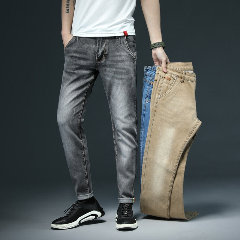 Men's Skinny White Jeans Fashion Casual Elastic Cotton Slim Denim Pants Male Brand Clothing Black Gray Khaki