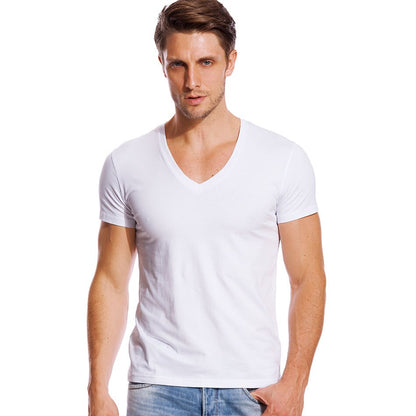 Solid V Neck T Shirt for Men Low Cut Stretch Vee Top Tees Slim Fit Short Sleeve Fashion Male Tshirt Invisible Undershirt Summer