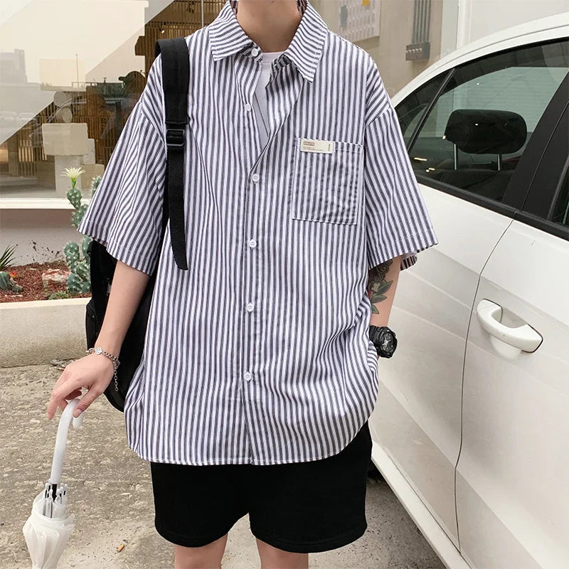 saferido Rocking k Summer Stripe Shirt Men's Korean fashion ins short sleeve shirt men's BF Harajuku handsome top loose casual coat