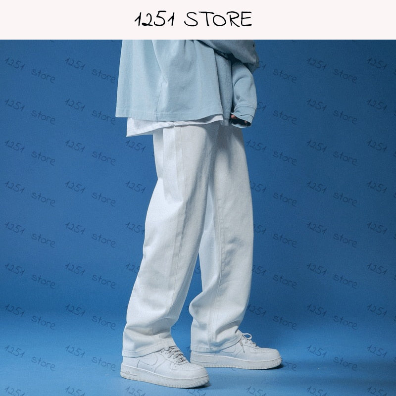 Straight Jeans Men Wide Jeans White Loose Denim Trousers Neutral Jean Streetwear Casual Pure Man Women Pants Hip Hop Bagy Summer