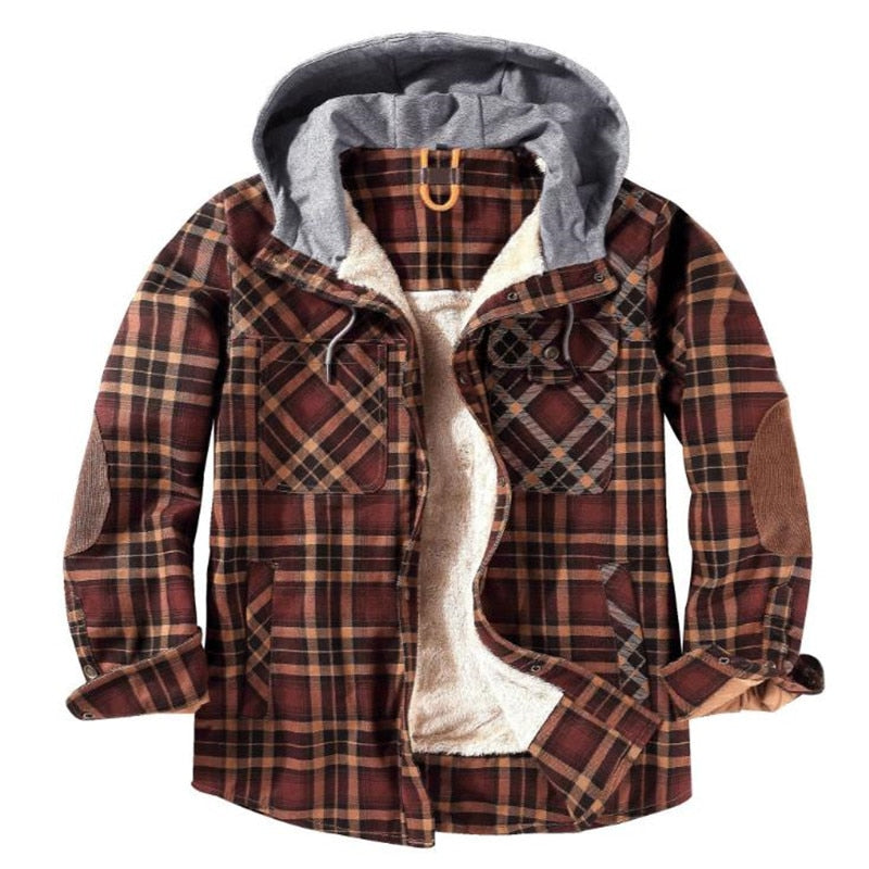 Winter Casual Plaid Hooded Velvet Thickened Warm Men Shirt Men's Cotton Loose Long Sleeve Shirts