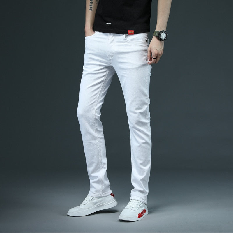 Men's Skinny White Jeans Fashion Casual Elastic Cotton Slim Denim Pants Male Brand Clothing Black Gray Khaki