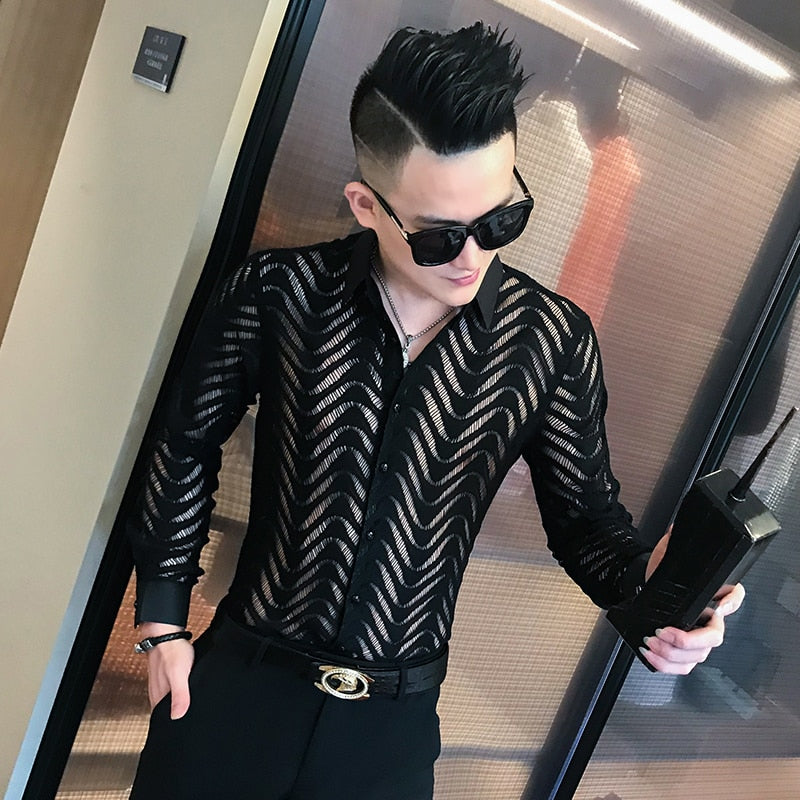 Stitching Striped Shirt Summer Men Transparent Lace Cutout Shirt Camisa Long Sleeve Slim Club Prom Party Shirt Social Masculina