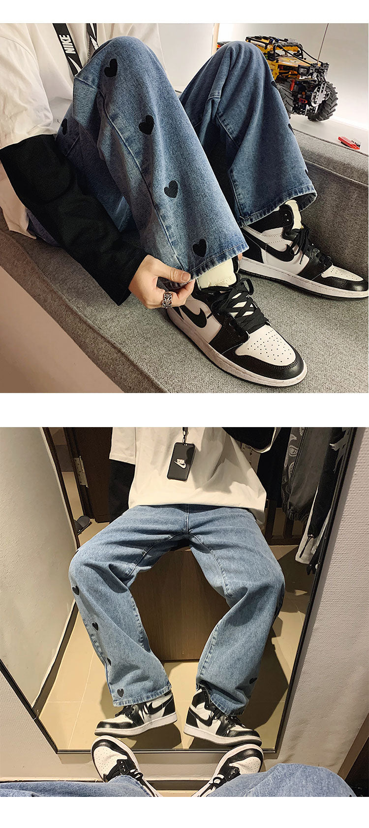 Men's Baggy Homme Straight Pants love Printing Jeans Fashion Blue/black Casual Pants Biker Denim Loose Trousers M-2XL