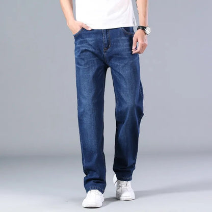 New Classic Men's Thin Blue Jeans Advanced Stretch Loose Straight Denim Trousers Male Brand Pants Plus Size 40 42 44