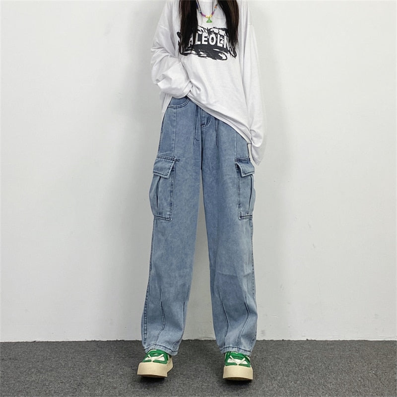 Men Jean Pants Japanese Retro Washed Straight Wide-Leg Jeans Loose Big Pocket Couple Hip Hop Street Denim Pants Male