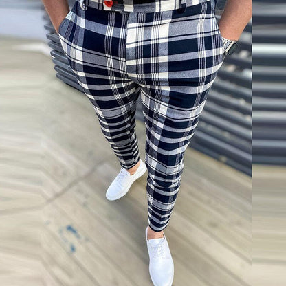 Spring Men Pants Business Slim Fit Beltless Plaid Stripe Print Suit Pants Autumn Buttoned Streetwear Male Trousers Harajuku