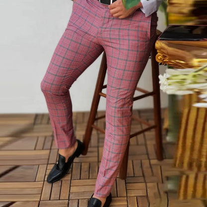 Spring Men Pants Business Slim Fit Beltless Plaid Stripe Print Suit Pants Autumn Buttoned Streetwear Male Trousers Harajuku