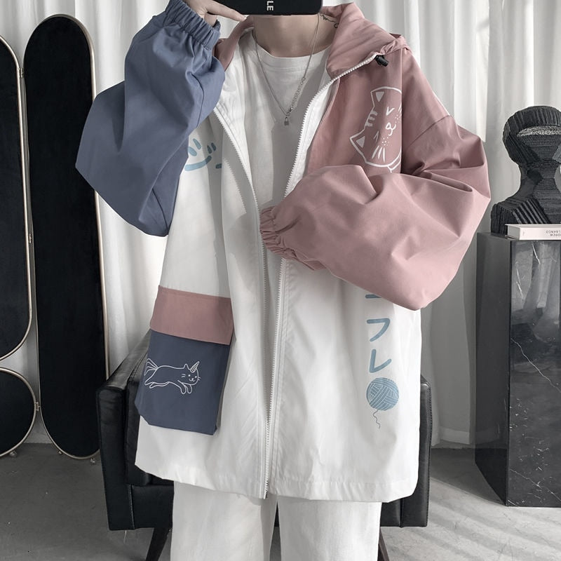 Men's Streetwear Bomber Jacket Fashion Trend Coats Cartoon Printing Windbreaker Loose Pink/blue Color Outerwear Size S-3XL