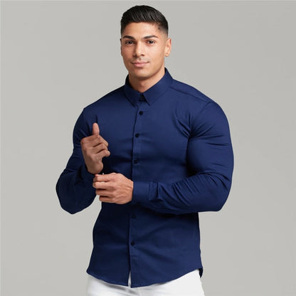 Men Fashion Casual long Sleeve Solid Shirt Super Slim Fit Male Social Business Dress Shirt Brand Men Fitness Sports Clothing