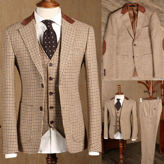 Brown Classic Plaid Tweed Suit for Men Slim fit Groom Wedding Tuxedo Blazer Male Formal Business Jacket Vest Pants 3 Piece