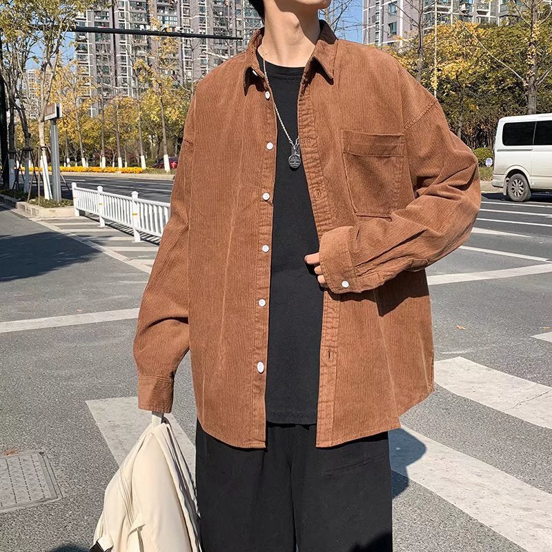 saferido classy outfits men Autumn and Winter Corduroy Shirt Men's Korean-Style Trendy Handsome High-Grade Shirt Loose Long Sleeve Design Jacket Men