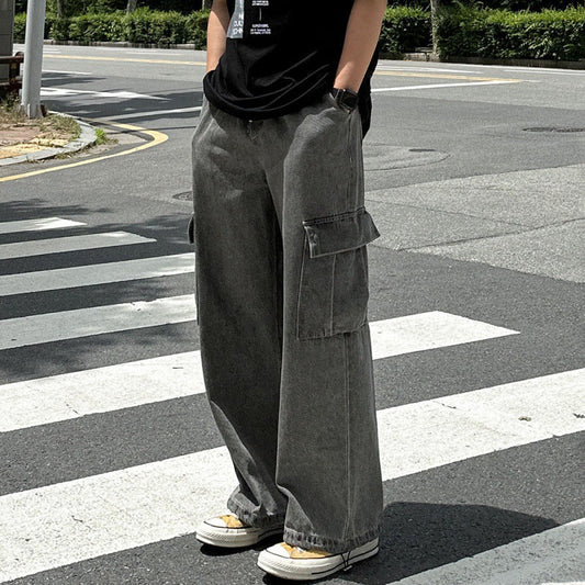 saferido      -shop guys clothing styles Myq Vintage Washed Distressed Jeans Men's Summer Loose Overalls Korean Style Trendy Wide Leg Straight Pants