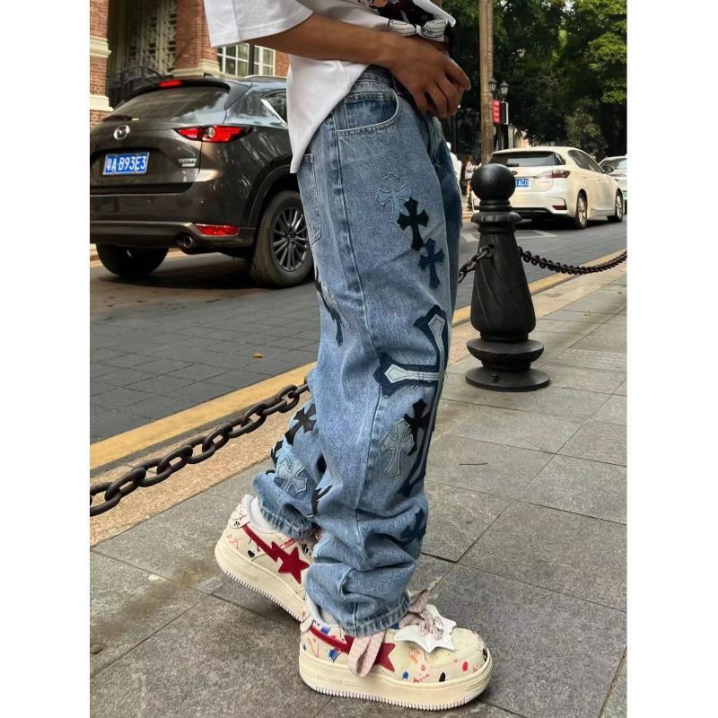 saferido 90s streetwear American High Street Original Patch Cross Embroidered Jeans Men's and Women's National Fashion All-Match Slim Slimming Long Pants Fashion