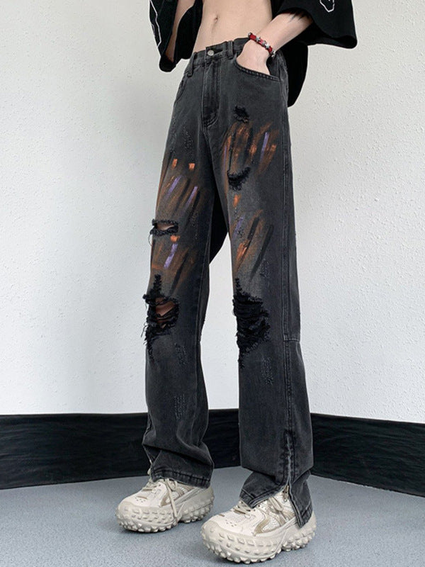 Color inkjet jeans men's summer dark high street handsome old pants washed holes youth casual pants