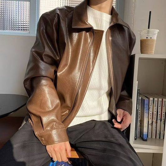 saferido      -shop 90s fashion men Retro Youth Short Leather Jacket Men's Loose Pu Shuai Motorcycle Clothing Light Luxury Pilot Leather Jacket Trendy